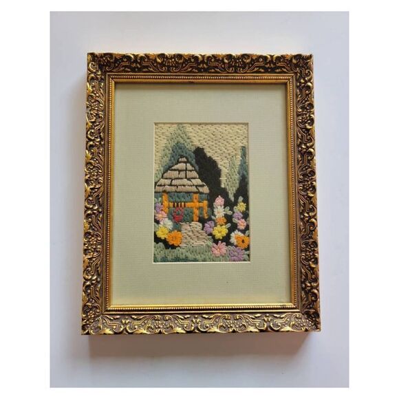 Vintage 1960's FramedHandmade Cottage and Garden Crewel Embroidery